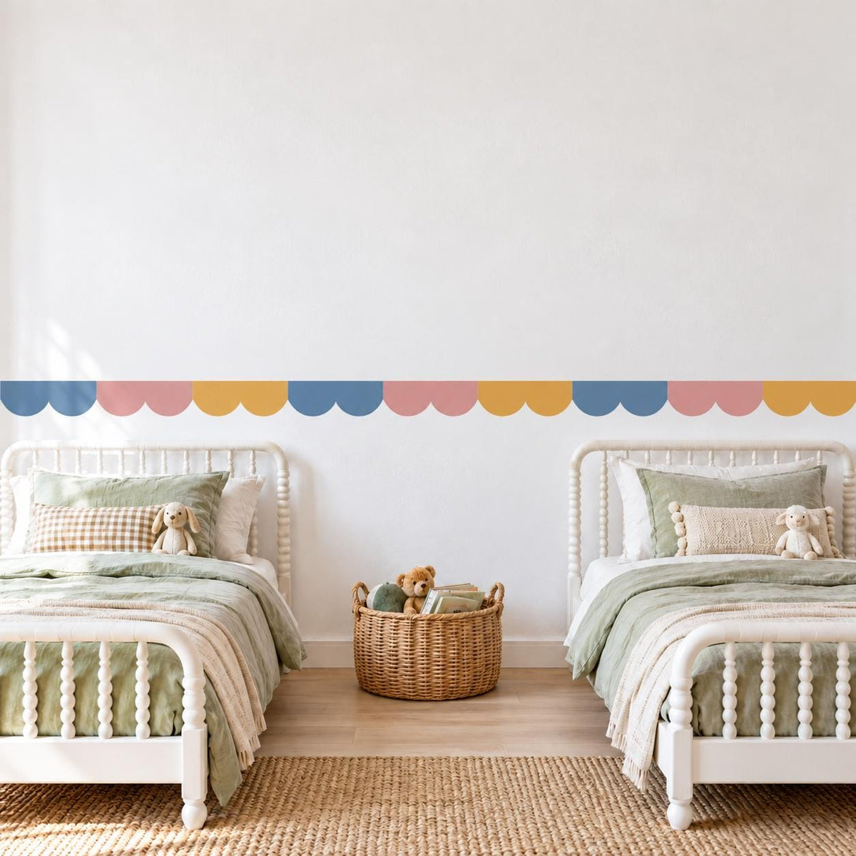 Scallop Wall Border Stickers, Blue Pink Mustard Nursery Decor, Scalloped Wall Decals, Kids Room Playroom Border Peel and Stick Wall Trim