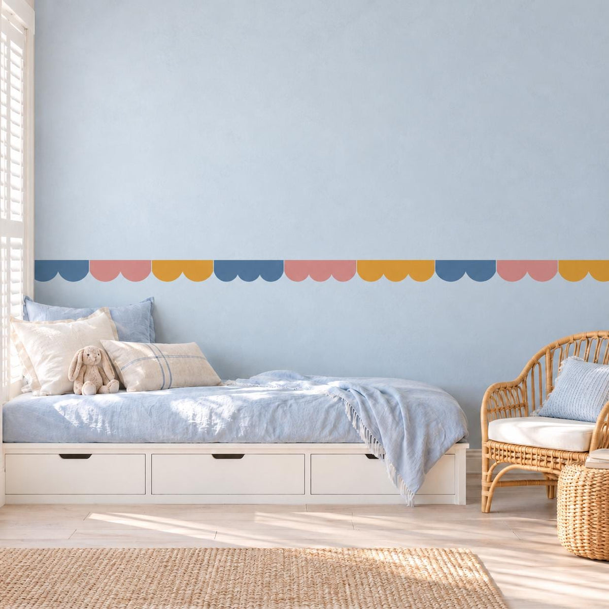 Scallop Wall Border Stickers, Blue Pink Mustard Nursery Decor, Scalloped Wall Decals, Kids Room Playroom Border Peel and Stick Wall Trim