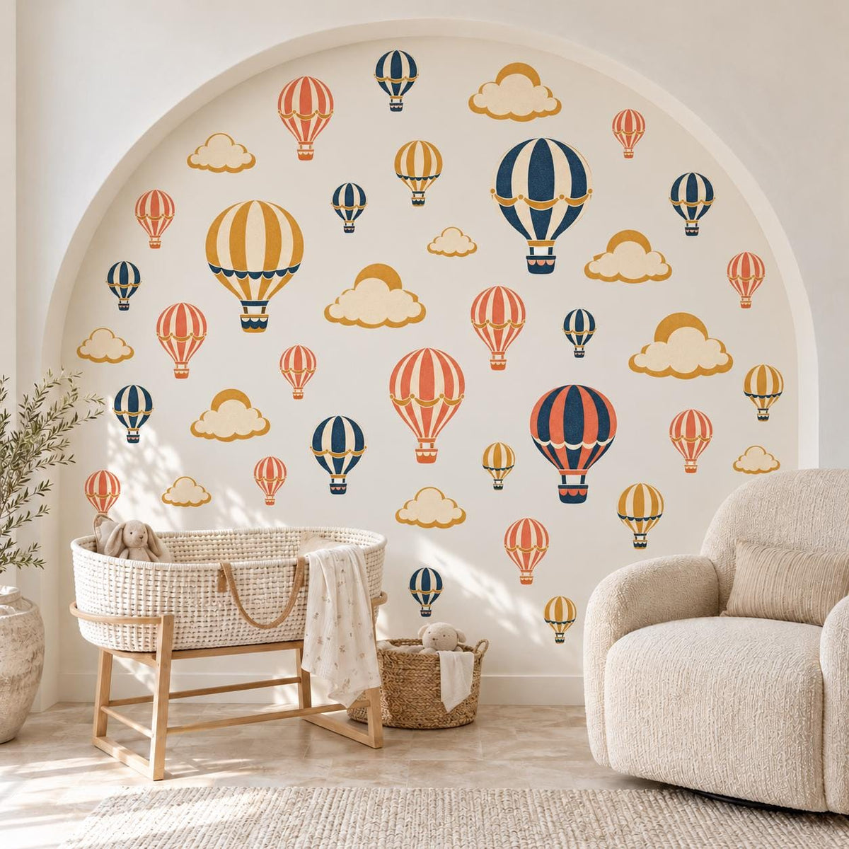 Hot Air Balloon Wall Stickers, Vintage Nursery Decor, Balloon and Cloud Wall Decals, Navy Mustard Coral Kids Room Peel and Stick Wall Art