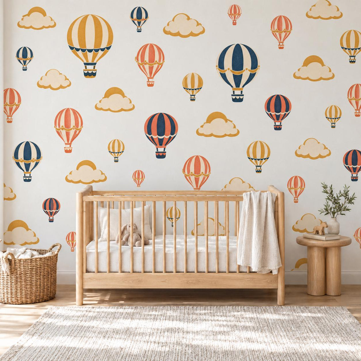 Hot Air Balloon Wall Stickers, Vintage Nursery Decor, Balloon and Cloud Wall Decals, Navy Mustard Coral Kids Room Peel and Stick Wall Art