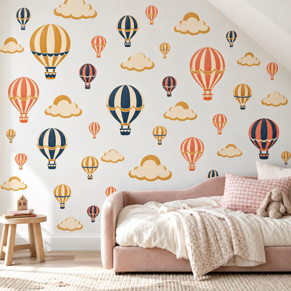 Hot Air Balloon Wall Stickers, Vintage Nursery Decor, Balloon and Cloud Wall Decals, Navy Mustard Coral Kids Room Peel and Stick Wall Art