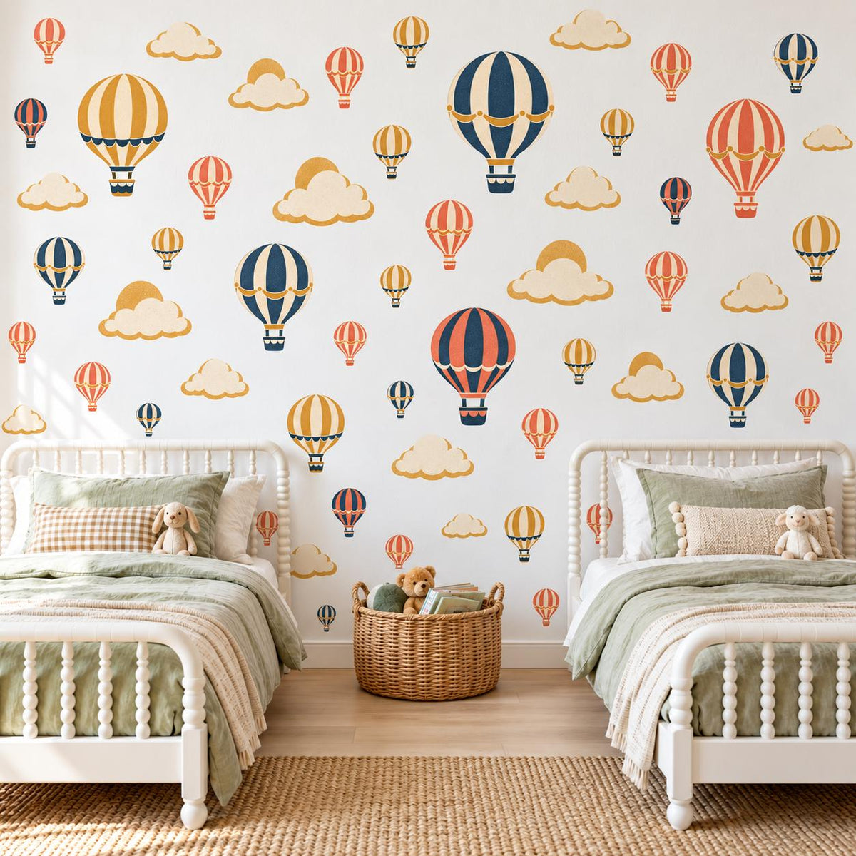 Hot Air Balloon Wall Stickers, Vintage Nursery Decor, Balloon and Cloud Wall Decals, Navy Mustard Coral Kids Room Peel and Stick Wall Art