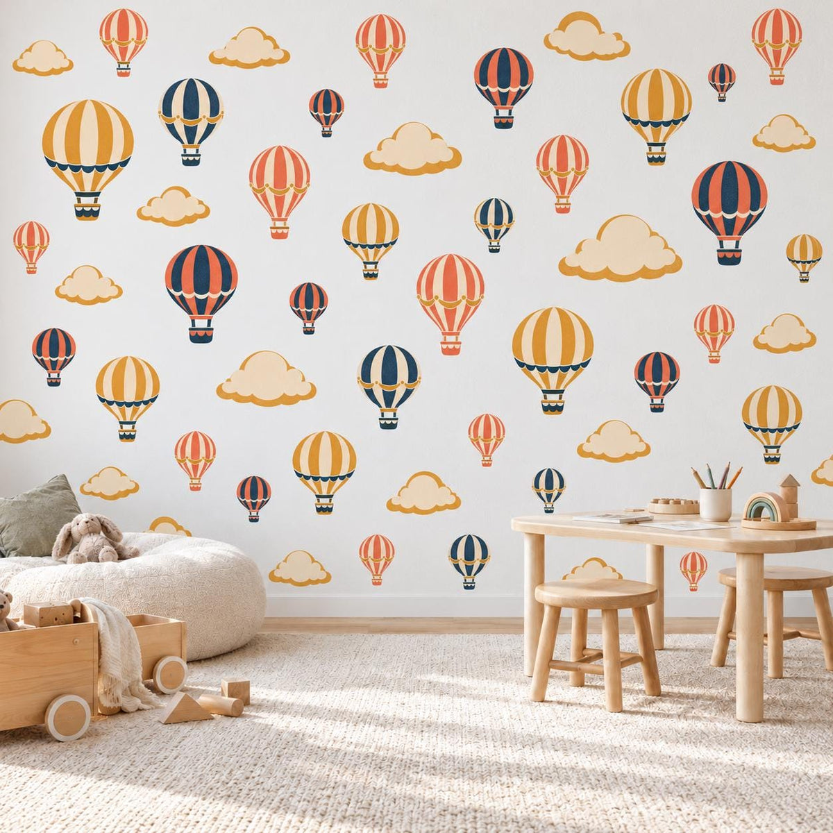Hot Air Balloon Wall Stickers, Vintage Nursery Decor, Balloon and Cloud Wall Decals, Navy Mustard Coral Kids Room Peel and Stick Wall Art