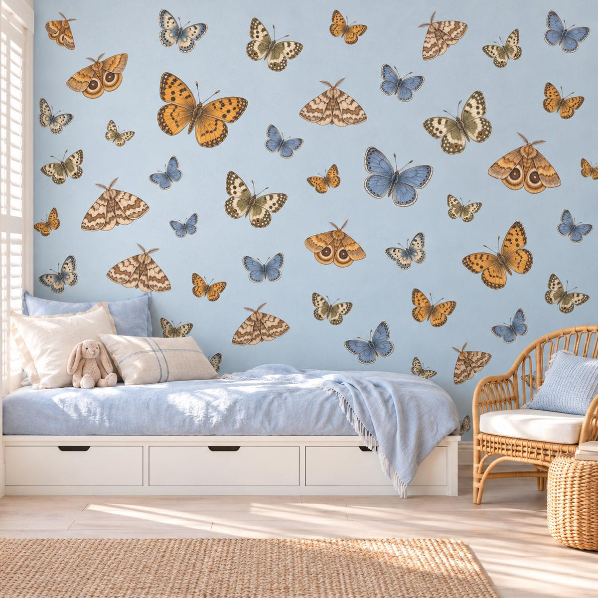 Butterfly Wall Stickers, Vintage Moth Nursery Decor, Botanical Butterfly Wall Decals, Girls Kids Room Blue Ochre Peel and Stick Wall Art