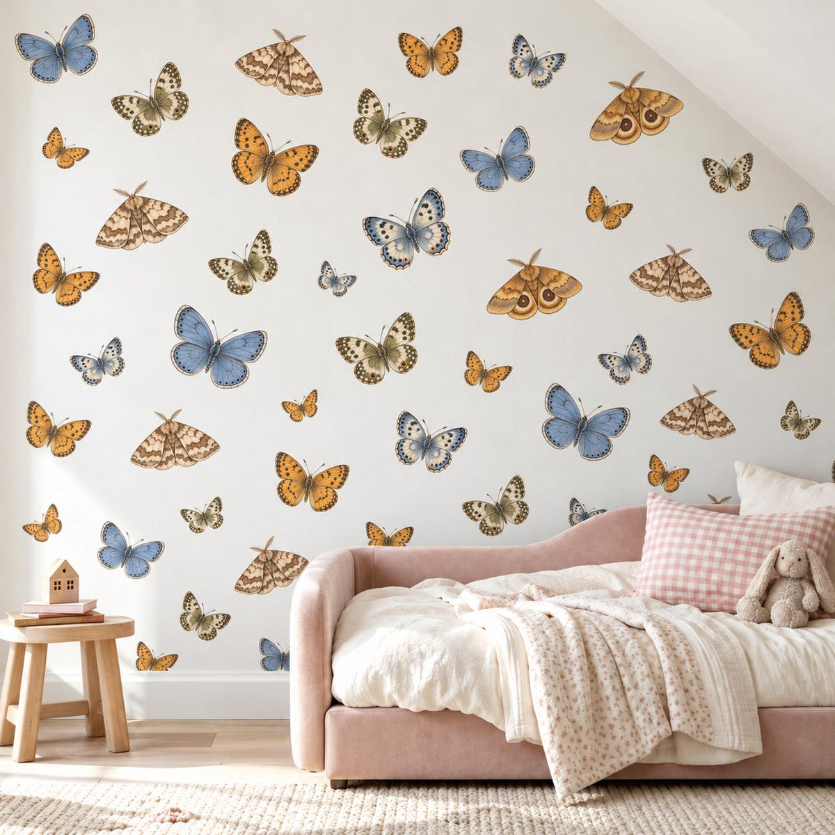 Butterfly Wall Stickers, Vintage Moth Nursery Decor, Botanical Butterfly Wall Decals, Girls Kids Room Blue Ochre Peel and Stick Wall Art