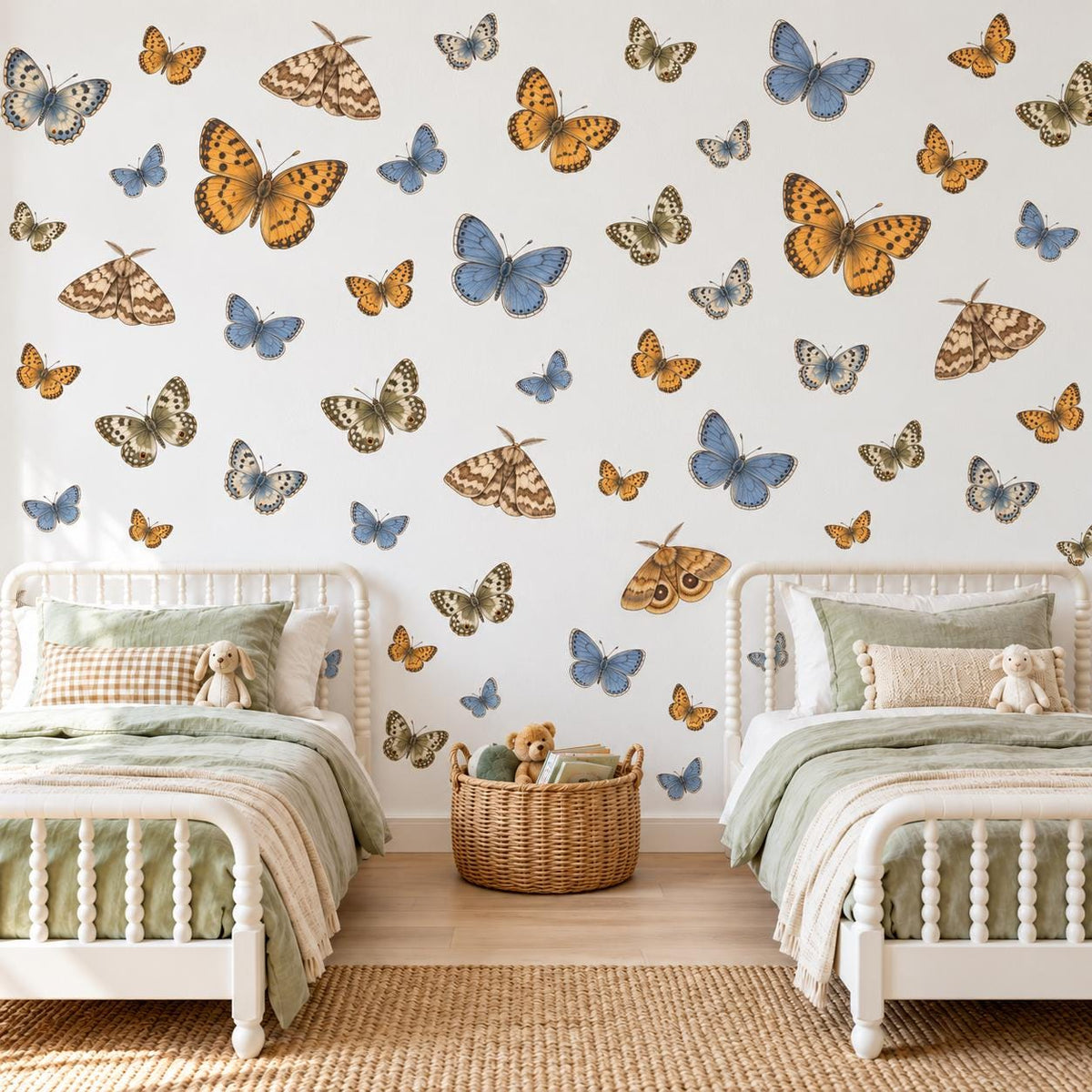 Butterfly Wall Stickers, Vintage Moth Nursery Decor, Botanical Butterfly Wall Decals, Girls Kids Room Blue Ochre Peel and Stick Wall Art