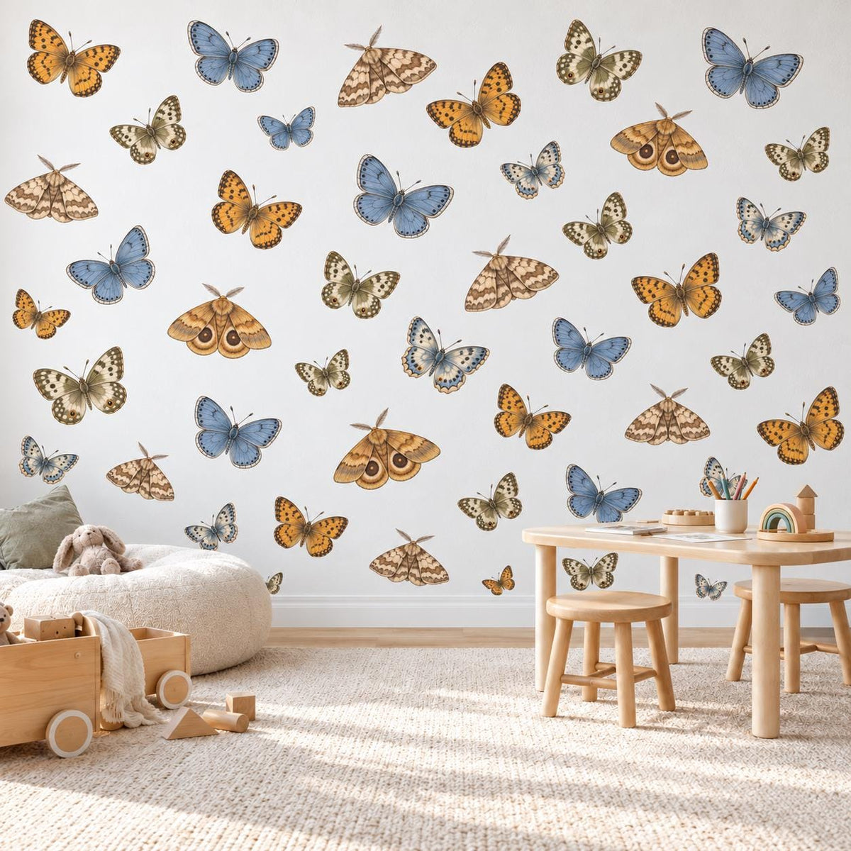 Butterfly Wall Stickers, Vintage Moth Nursery Decor, Botanical Butterfly Wall Decals, Girls Kids Room Blue Ochre Peel and Stick Wall Art