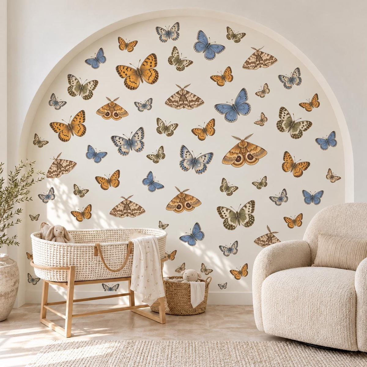 Butterfly Wall Stickers, Vintage Moth Nursery Decor, Botanical Butterfly Wall Decals, Girls Kids Room Blue Ochre Peel and Stick Wall Art