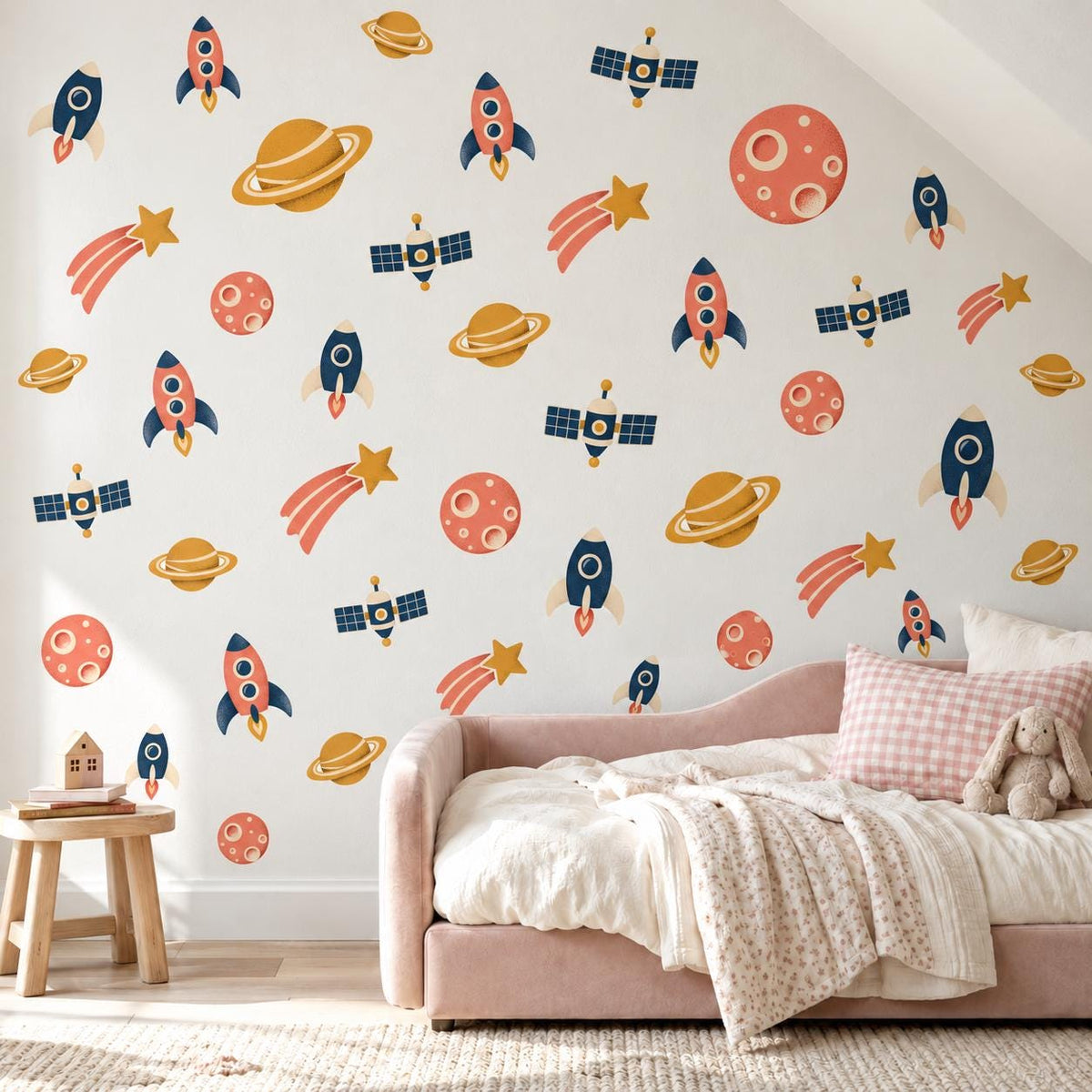 Space Wall Stickers, Rocket Planet Nursery Decor, Outer Space Wall Decals, Boys Kids Room Navy Coral Mustard Peel and Stick Wall Art