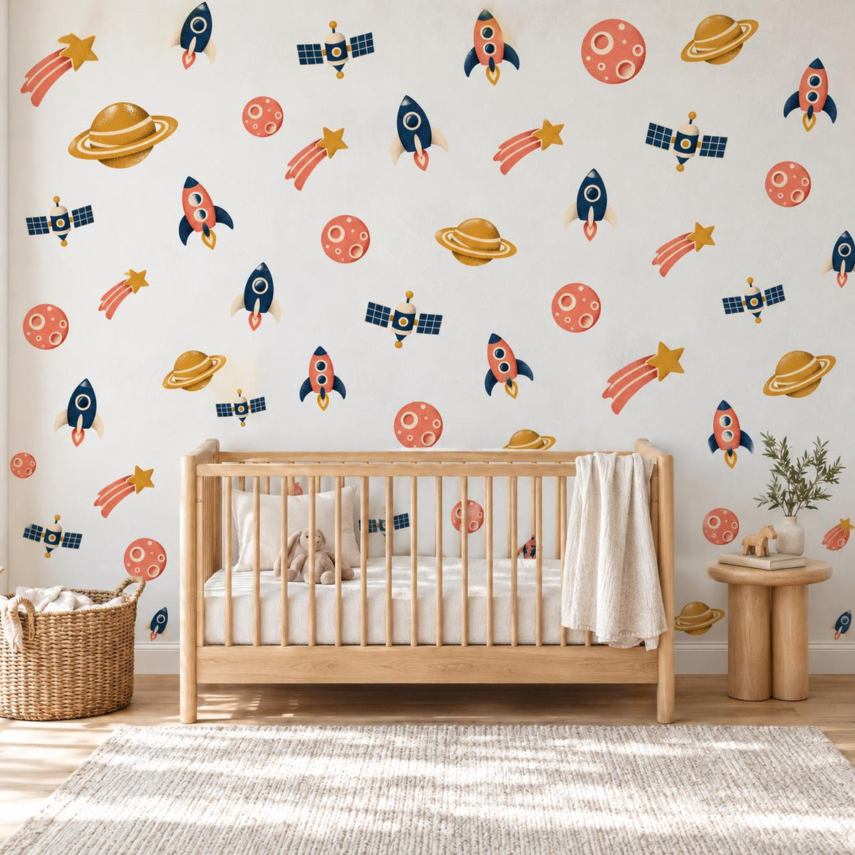 Space Wall Stickers, Rocket Planet Nursery Decor, Outer Space Wall Decals, Boys Kids Room Navy Coral Mustard Peel and Stick Wall Art