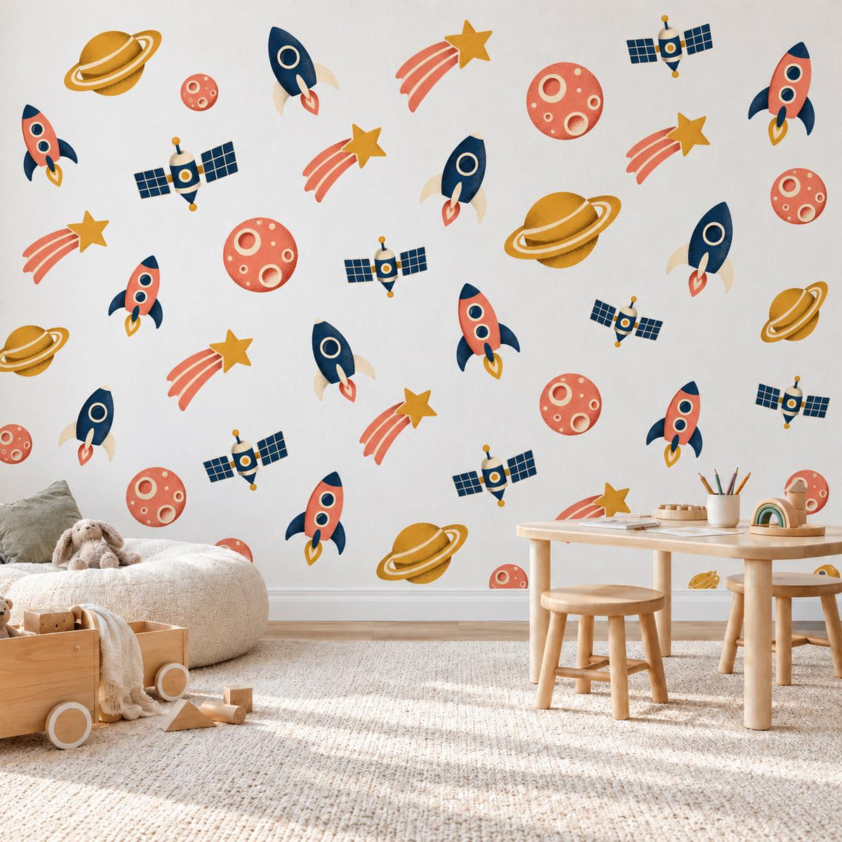 Space Wall Stickers, Rocket Planet Nursery Decor, Outer Space Wall Decals, Boys Kids Room Navy Coral Mustard Peel and Stick Wall Art