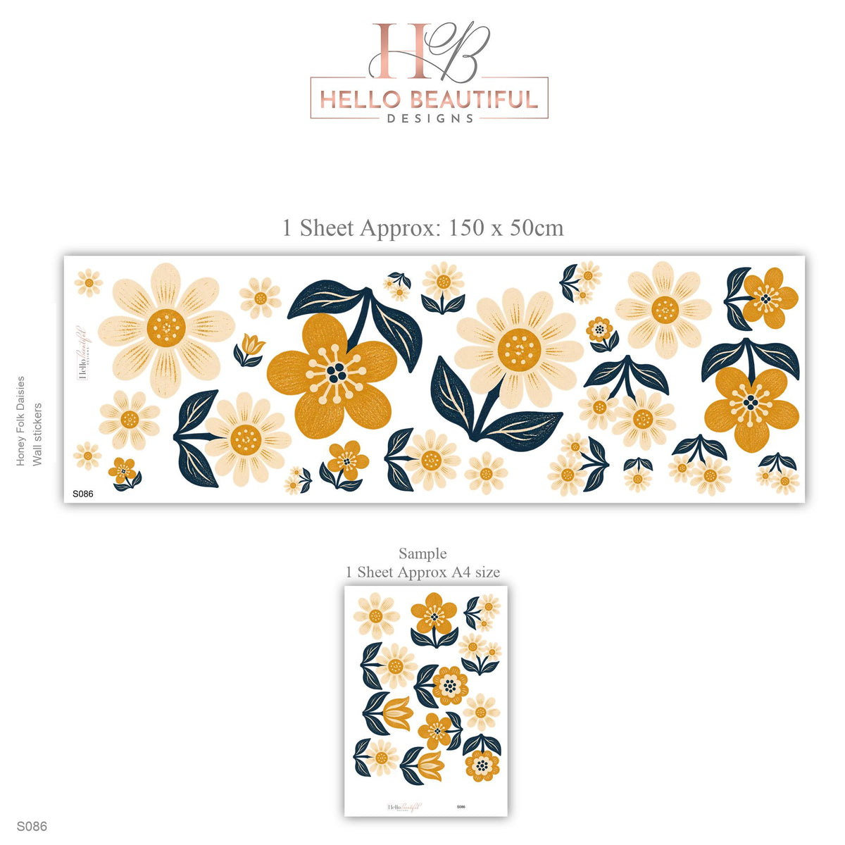 Daisy Wall Stickers, Mustard Navy Flower Nursery Decor, Folk Floral Wall Decals, Boho Girls Kids Room Yellow Peel and Stick Wall Art