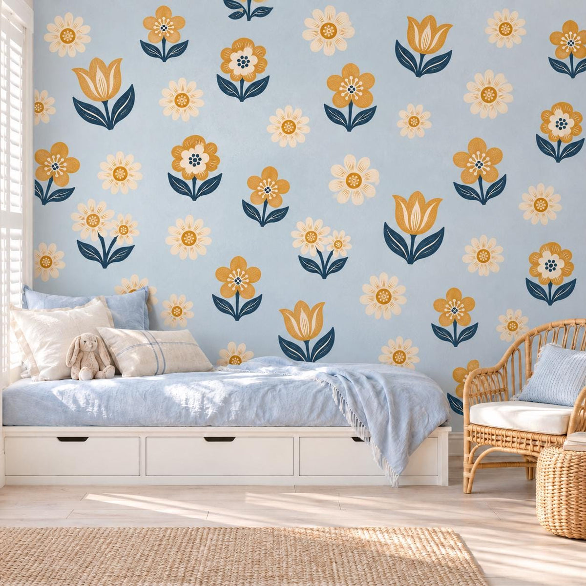 Daisy Wall Stickers, Mustard Navy Flower Nursery Decor, Folk Floral Wall Decals, Boho Girls Kids Room Yellow Peel and Stick Wall Art