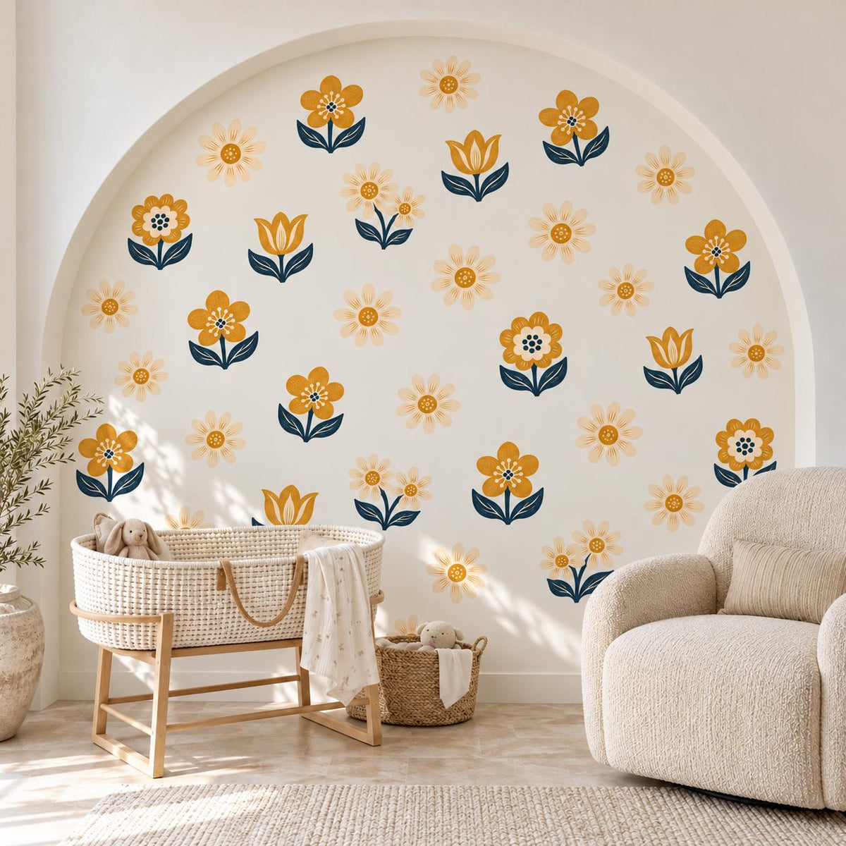 Daisy Wall Stickers, Mustard Navy Flower Nursery Decor, Folk Floral Wall Decals, Boho Girls Kids Room Yellow Peel and Stick Wall Art