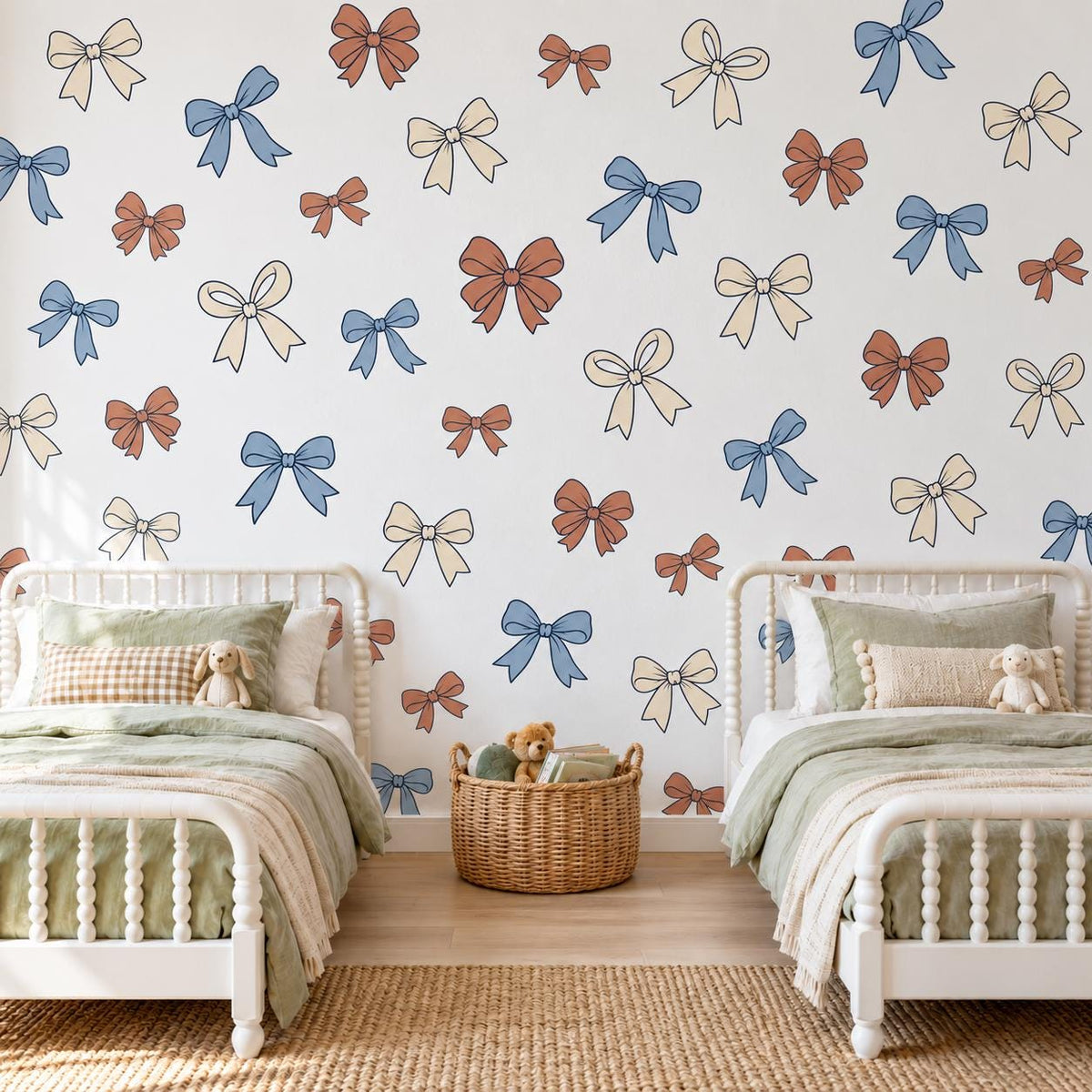 Bow Wall Stickers, Ribbon Nursery Decor, Blue Rust Cream Bow Wall Decals, Coquette Girls Kids Room Boho Peel and Stick Wall Art