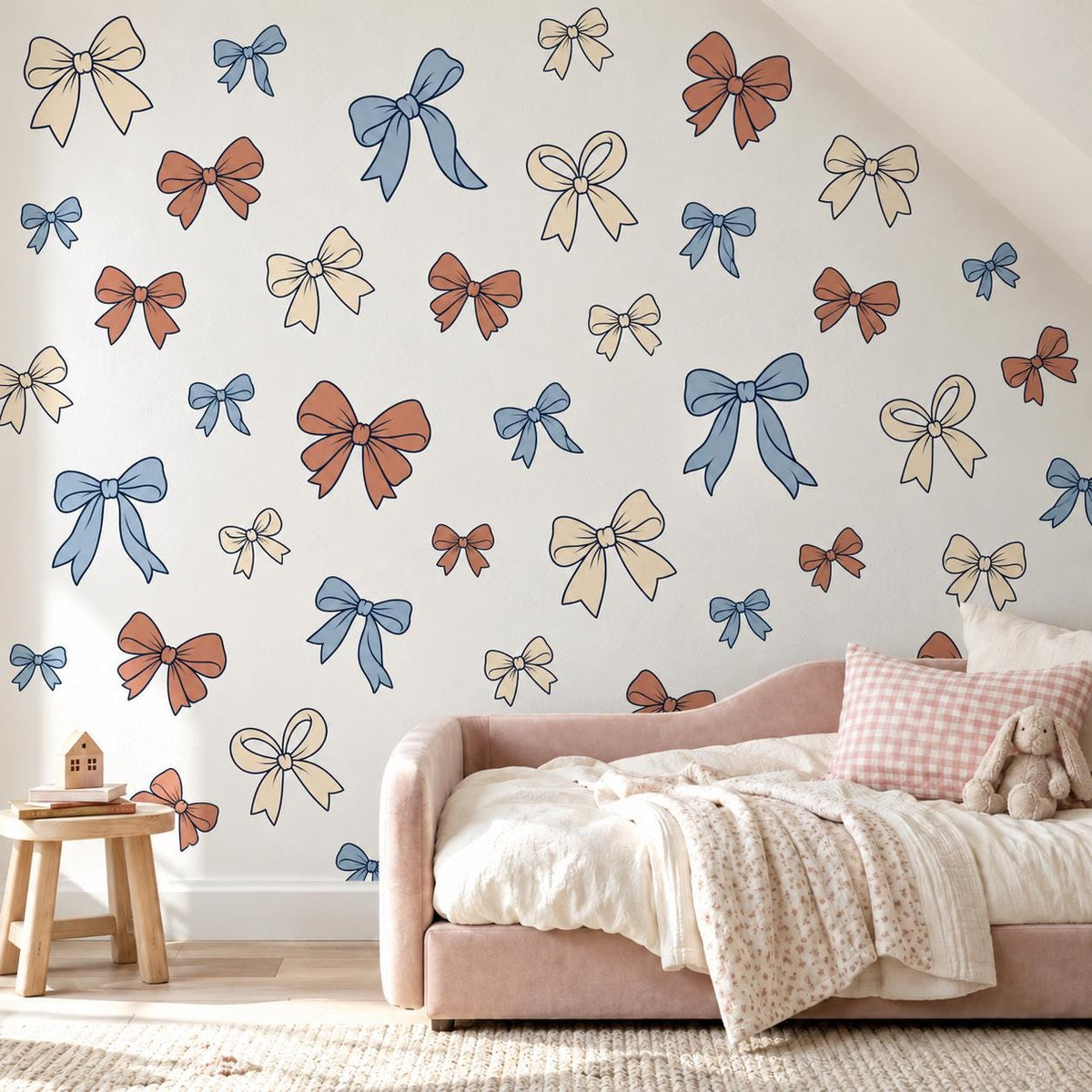 Bow Wall Stickers, Ribbon Nursery Decor, Blue Rust Cream Bow Wall Decals, Coquette Girls Kids Room Boho Peel and Stick Wall Art