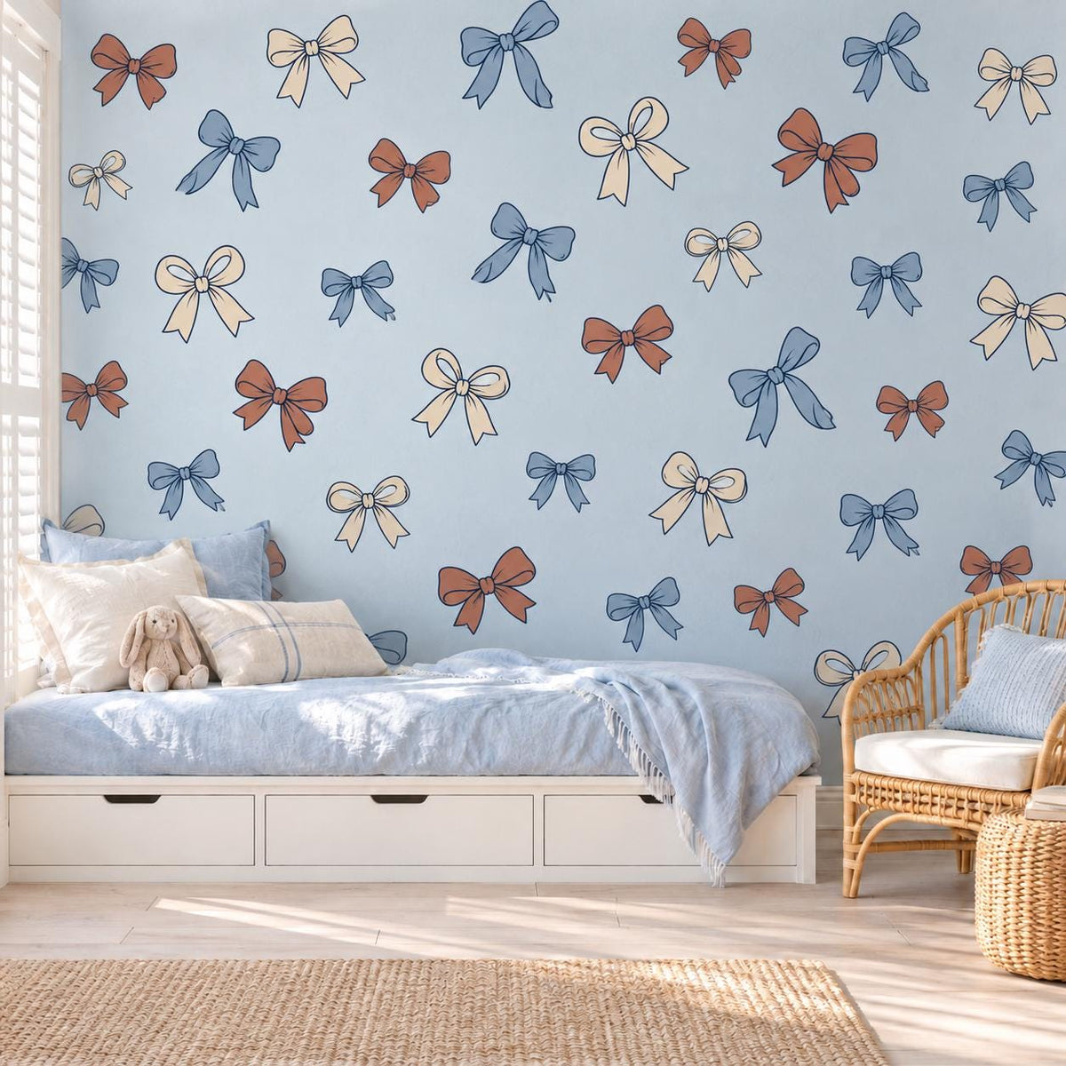 Bow Wall Stickers, Ribbon Nursery Decor, Blue Rust Cream Bow Wall Decals, Coquette Girls Kids Room Boho Peel and Stick Wall Art