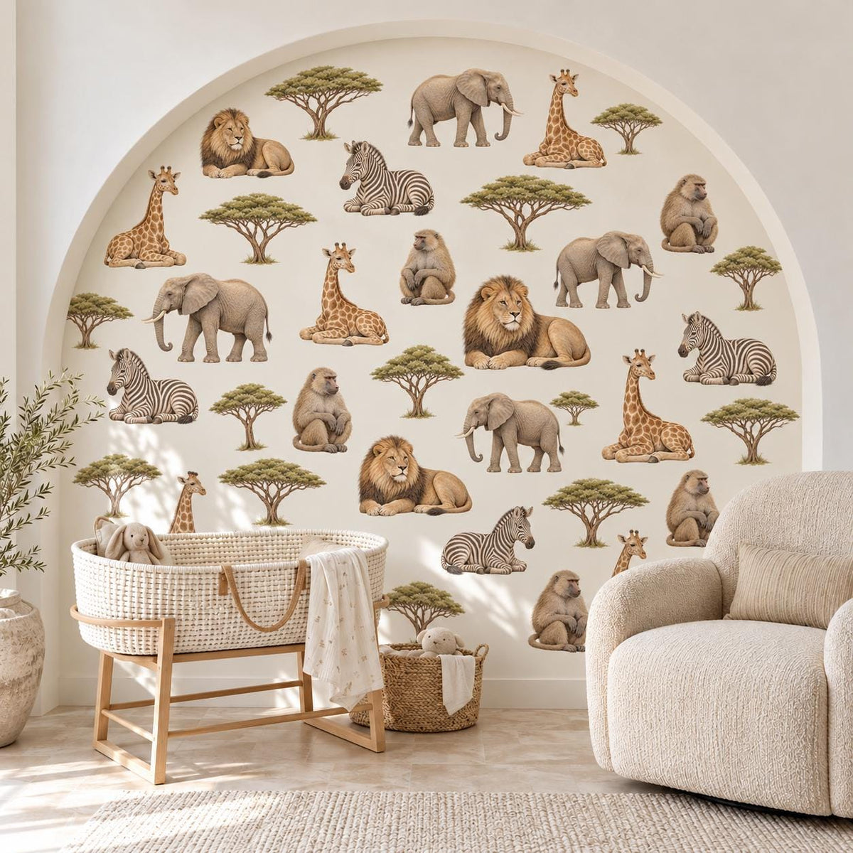 Safari Wall Stickers, Jungle Animal Nursery Decor, Giraffe Elephant Lion Zebra Wall Decals, Neutral Kids Room Peel and Stick Wall Art