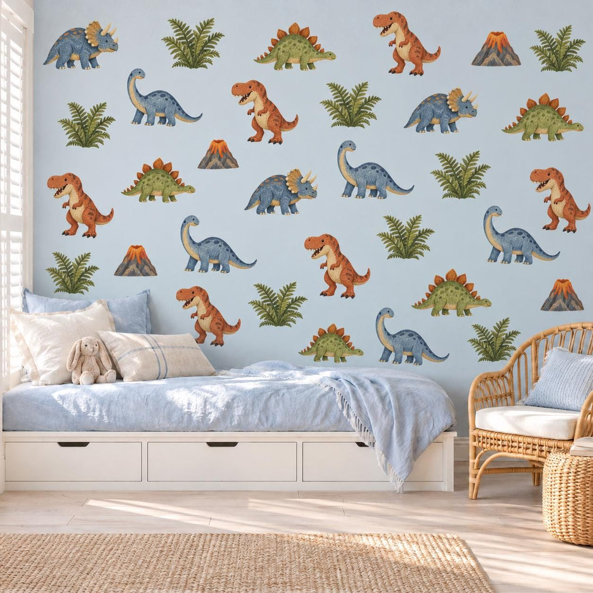 Dinosaur Wall Stickers, Dino Nursery Decor, T Rex Triceratops Volcano Wall Decals, Boys Kids Room Jurassic Peel and Stick Wall Art