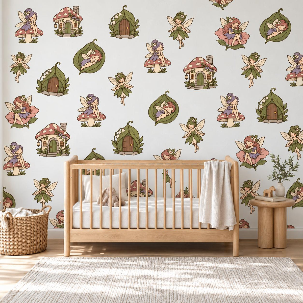 Garden Fairy Wall Stickers, Sage Mauve Fairy Nursery Decor, Toadstool Fairy House Wall Decals, Girls Room Woodland Peel and Stick Wall Art