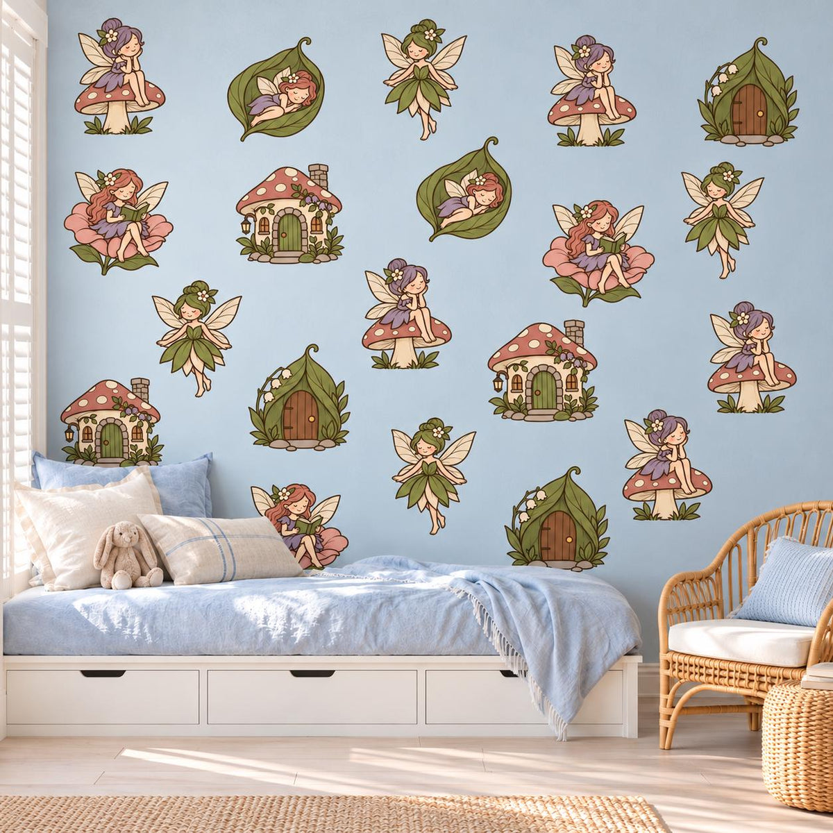 Garden Fairy Wall Stickers, Sage Mauve Fairy Nursery Decor, Toadstool Fairy House Wall Decals, Girls Room Woodland Peel and Stick Wall Art
