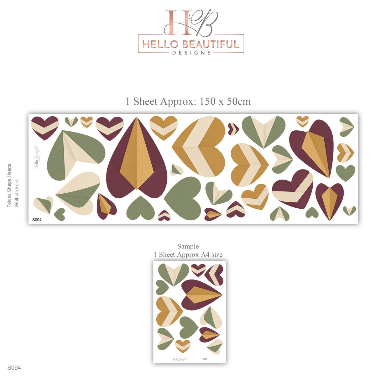 Heart Wall Stickers, Burgundy Sage Mustard Nursery Decor, Geometric Folded Heart Wall Decals, Boho Kids Room Peel and Stick Wall Art