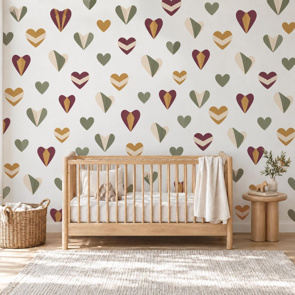 Heart Wall Stickers, Burgundy Sage Mustard Nursery Decor, Geometric Folded Heart Wall Decals, Boho Kids Room Peel and Stick Wall Art