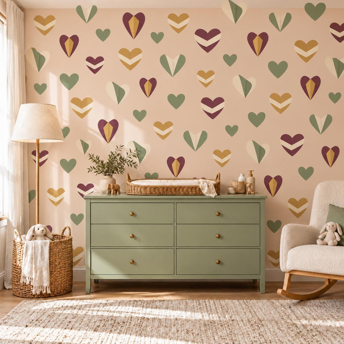 Heart Wall Stickers, Burgundy Sage Mustard Nursery Decor, Geometric Folded Heart Wall Decals, Boho Kids Room Peel and Stick Wall Art
