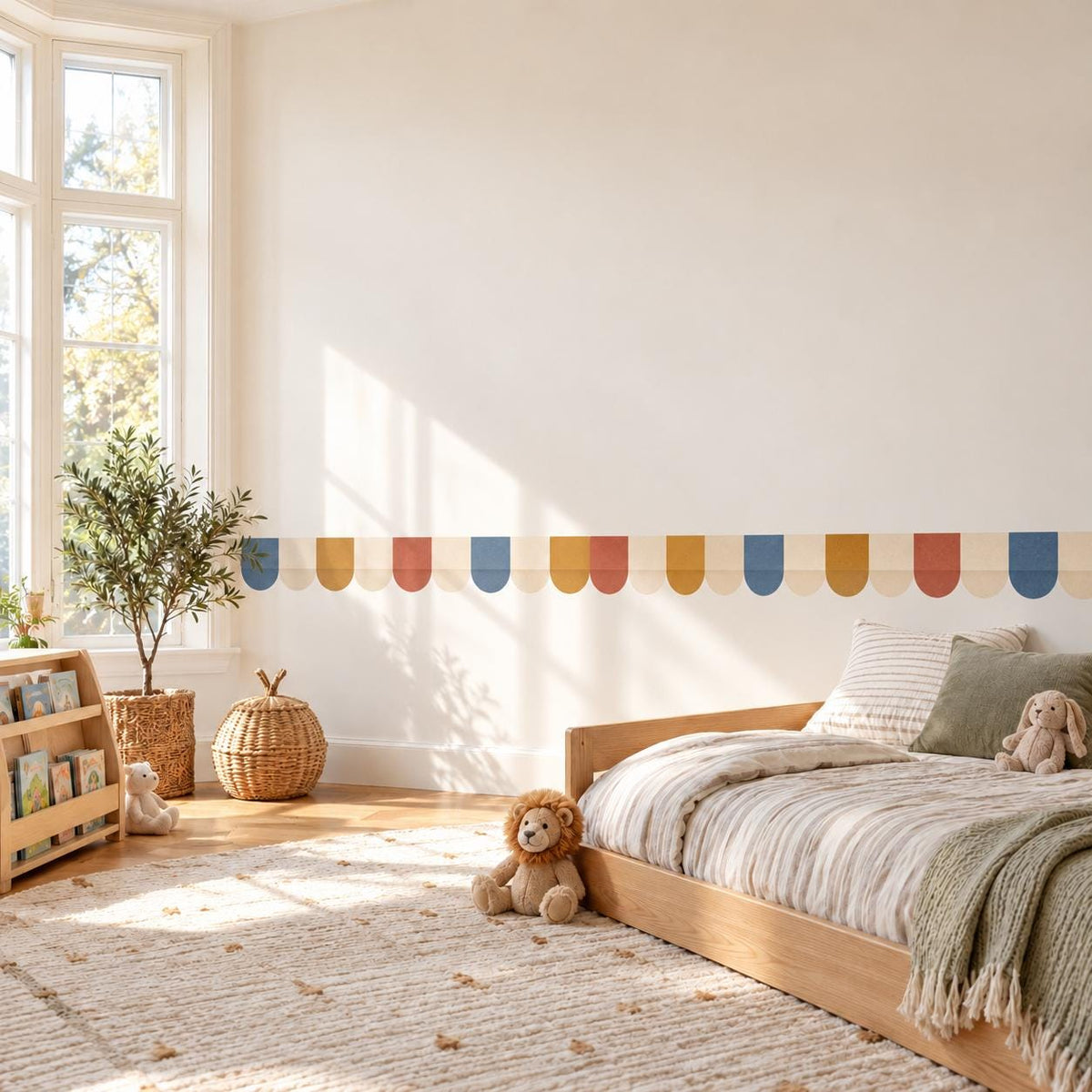 Scallop Wall Border Stickers, Rainbow Arch Nursery Decor, Blue Rust Mustard Wall Decals, Kids Room Playroom Border Peel and Stick Wall Trim