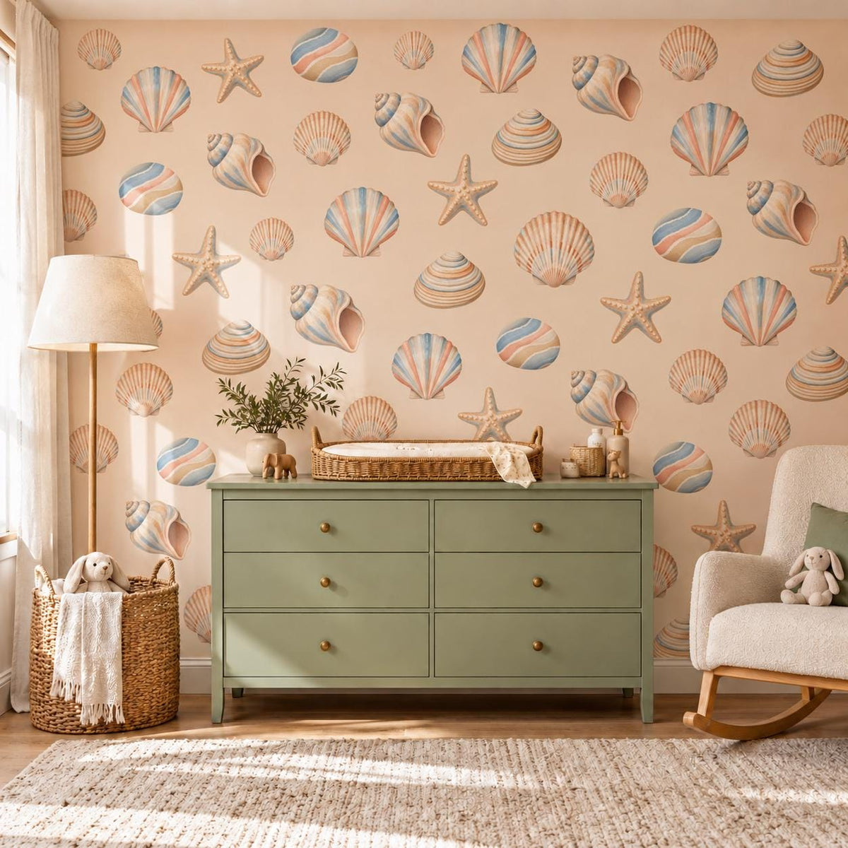 Seashell Wall Stickers, Beach Nursery Decor, Shell Starfish Wall Decals, Coastal Ocean Kids Room Pastel Peel and Stick Wall Art