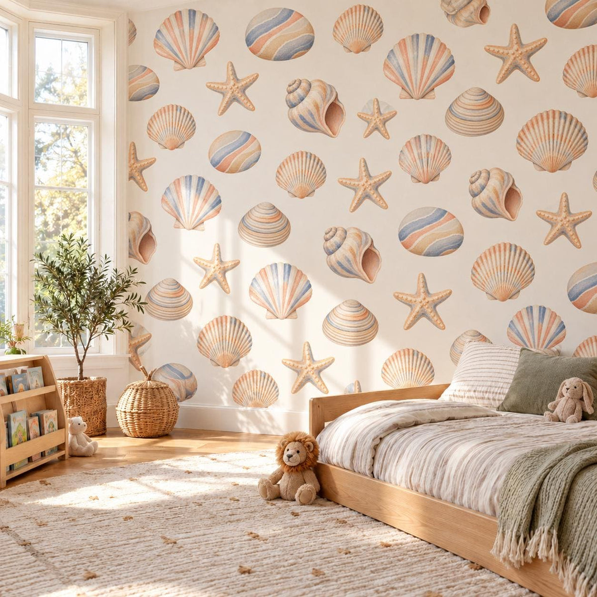 Seashell Wall Stickers, Beach Nursery Decor, Shell Starfish Wall Decals, Coastal Ocean Kids Room Pastel Peel and Stick Wall Art