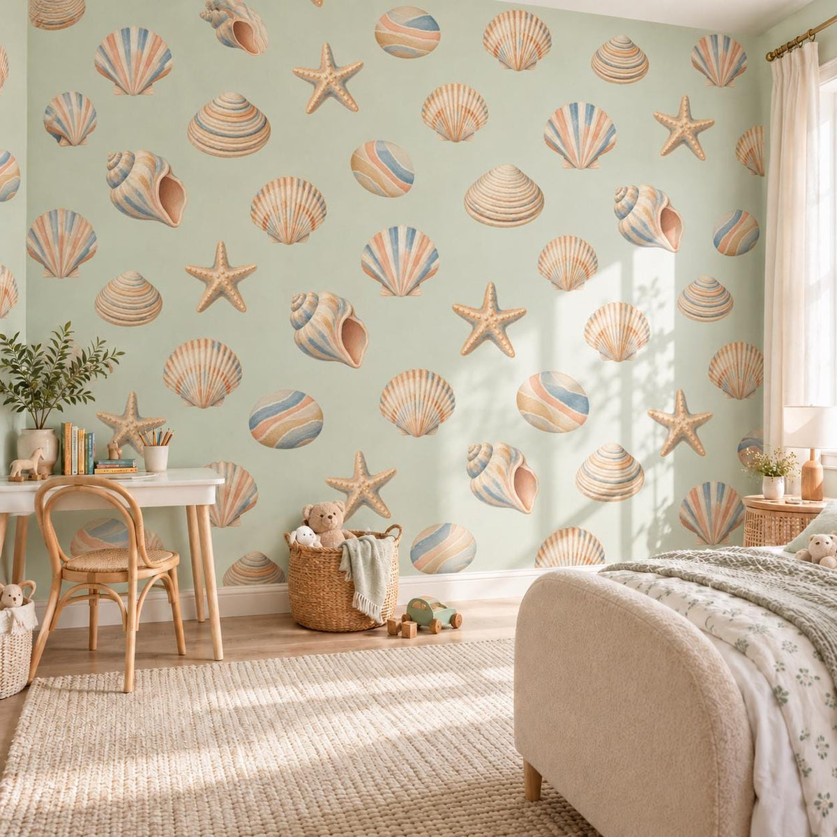 Seashell Wall Stickers, Beach Nursery Decor, Shell Starfish Wall Decals, Coastal Ocean Kids Room Pastel Peel and Stick Wall Art