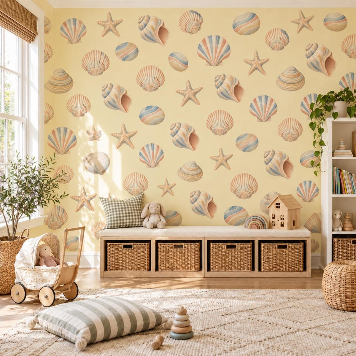 Seashell Wall Stickers, Beach Nursery Decor, Shell Starfish Wall Decals, Coastal Ocean Kids Room Pastel Peel and Stick Wall Art