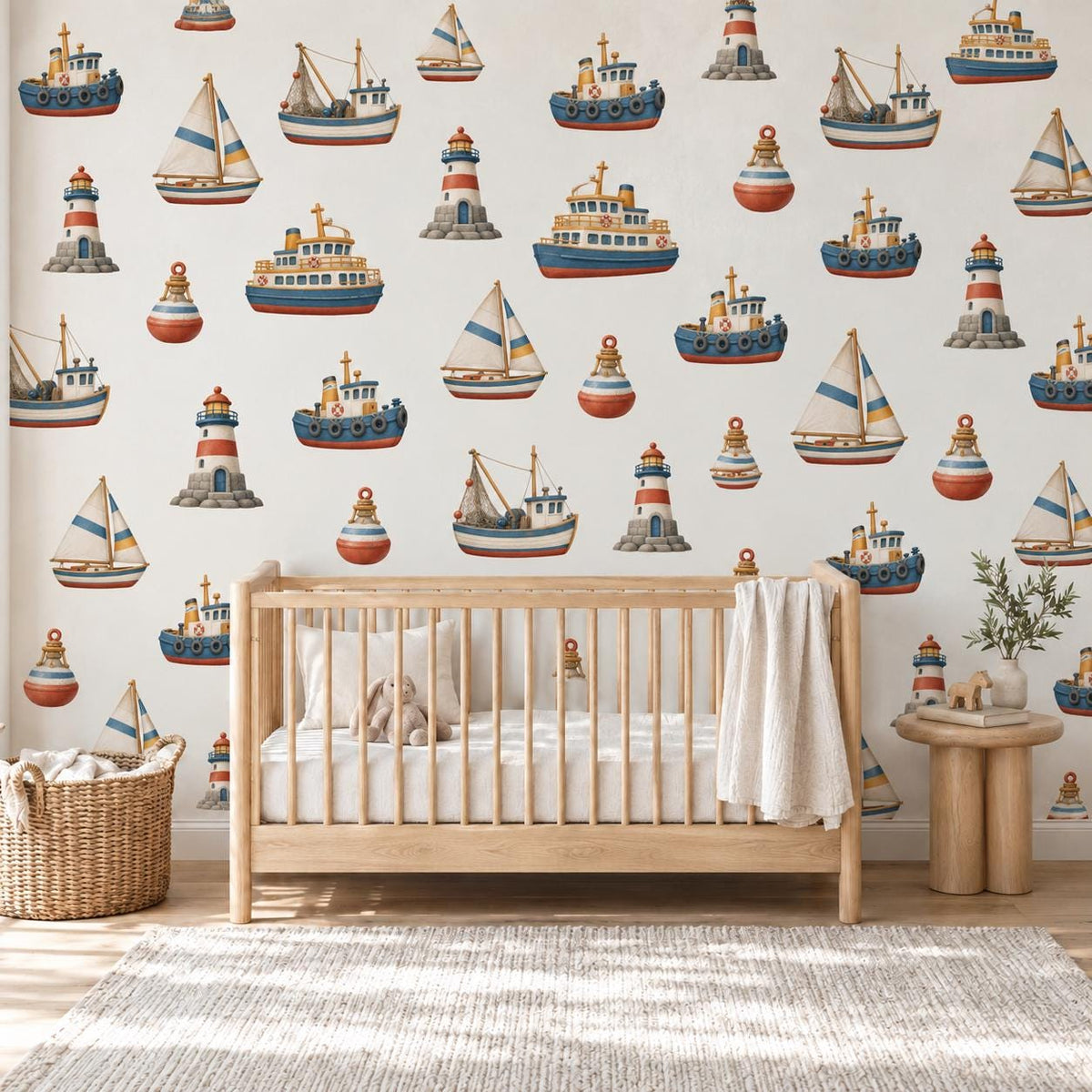 Boat Wall Stickers, Nautical Nursery Decor, Lighthouse Sailboat Tugboat Wall Decals, Boys Kids Room Harbour Peel and Stick Wall Art