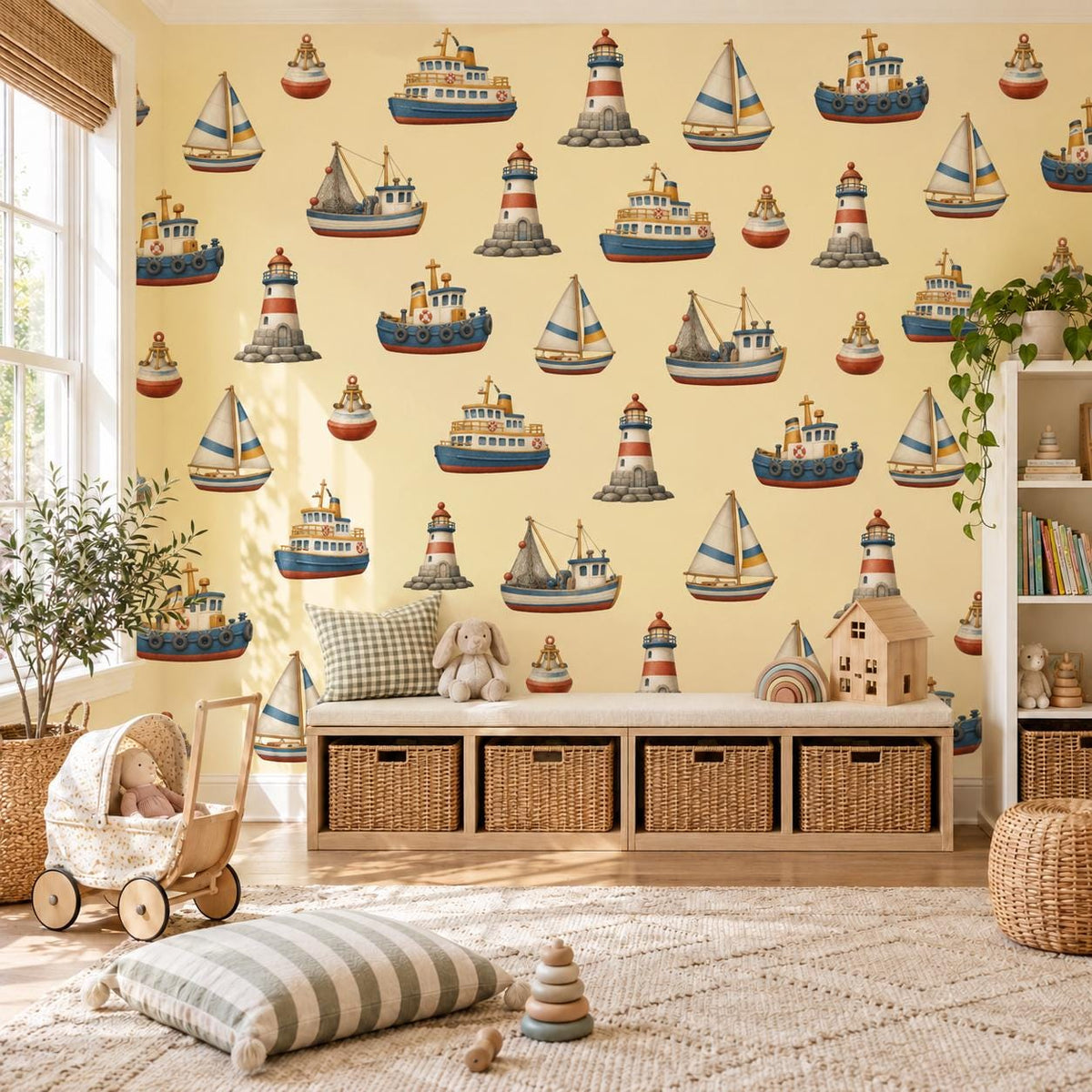 Boat Wall Stickers, Nautical Nursery Decor, Lighthouse Sailboat Tugboat Wall Decals, Boys Kids Room Harbour Peel and Stick Wall Art