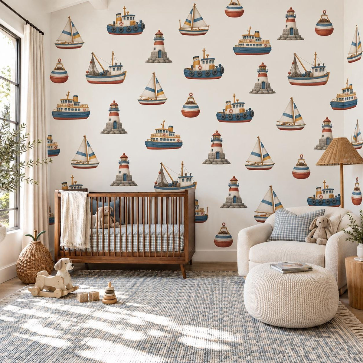 Boat Wall Stickers, Nautical Nursery Decor, Lighthouse Sailboat Tugboat Wall Decals, Boys Kids Room Harbour Peel and Stick Wall Art