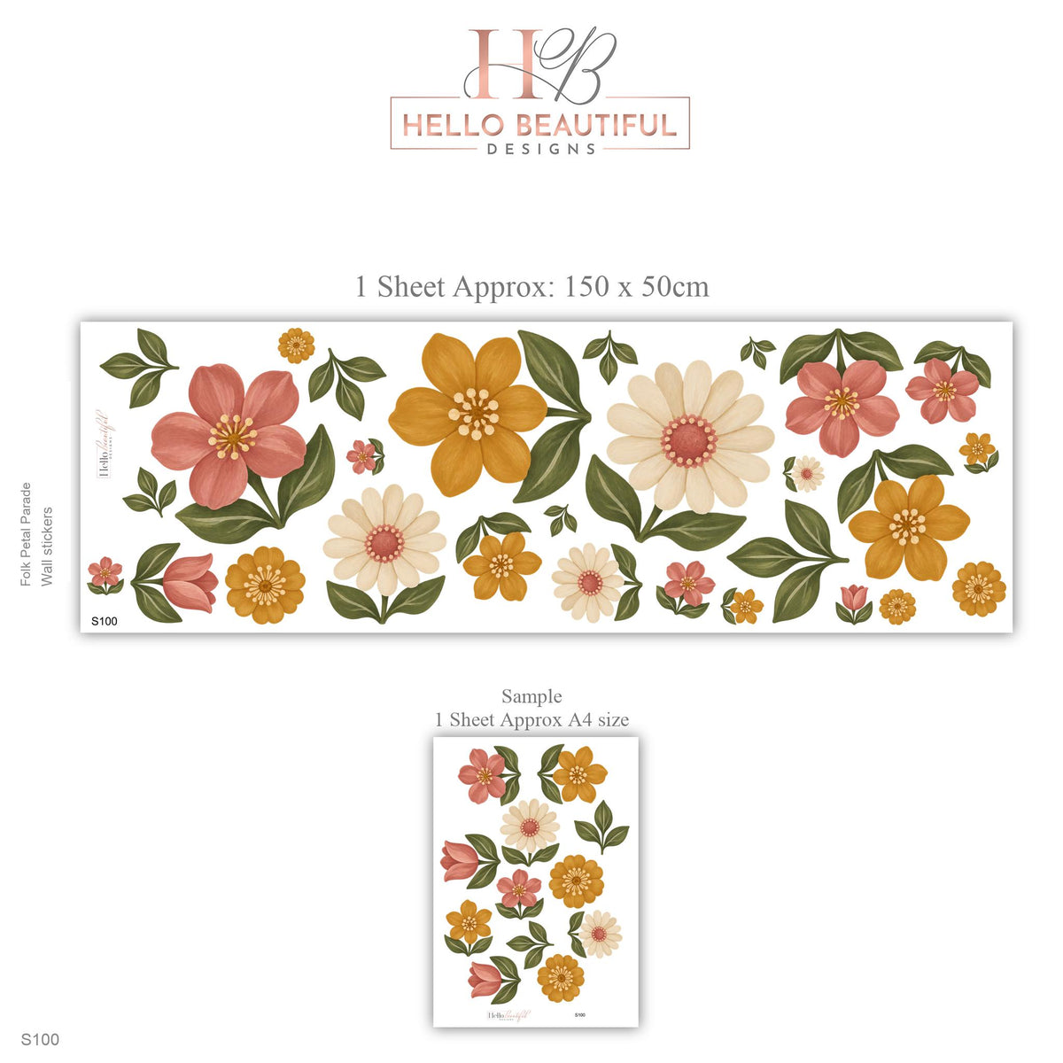 Flower Wall Stickers, Folk Floral Nursery Decor, Pink Mustard Daisy Wall Decals, Boho Girls Kids Room Retro Peel and Stick Wall Art