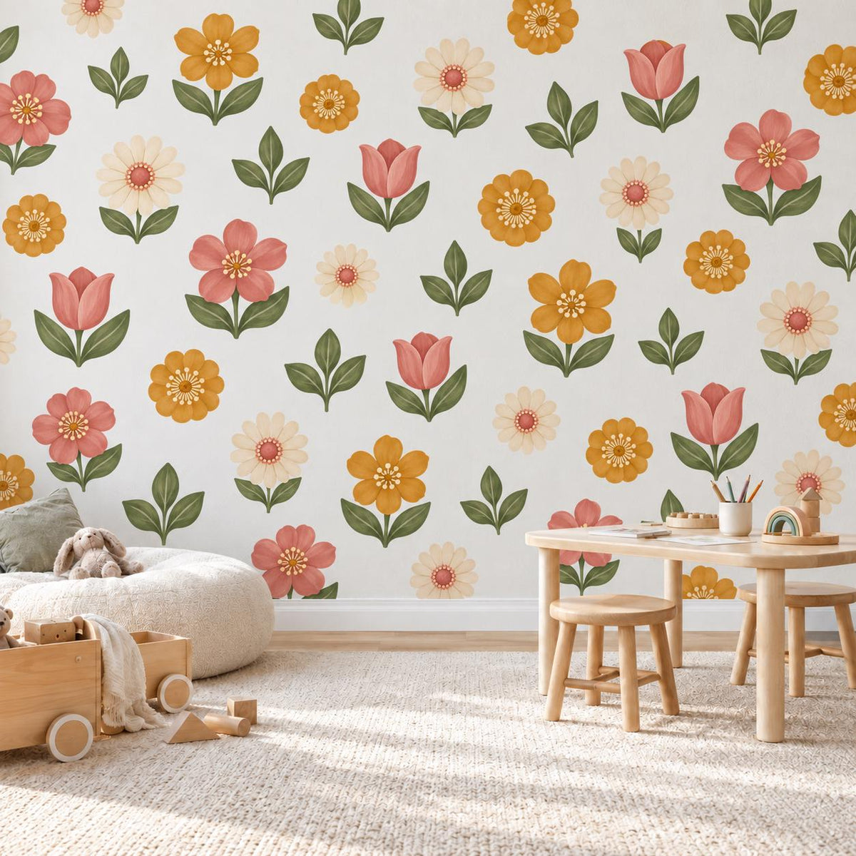 Flower Wall Stickers, Folk Floral Nursery Decor, Pink Mustard Daisy Wall Decals, Boho Girls Kids Room Retro Peel and Stick Wall Art