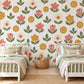 Flower Wall Stickers, Folk Floral Nursery Decor, Pink Mustard Daisy Wall Decals, Boho Girls Kids Room Retro Peel and Stick Wall Art