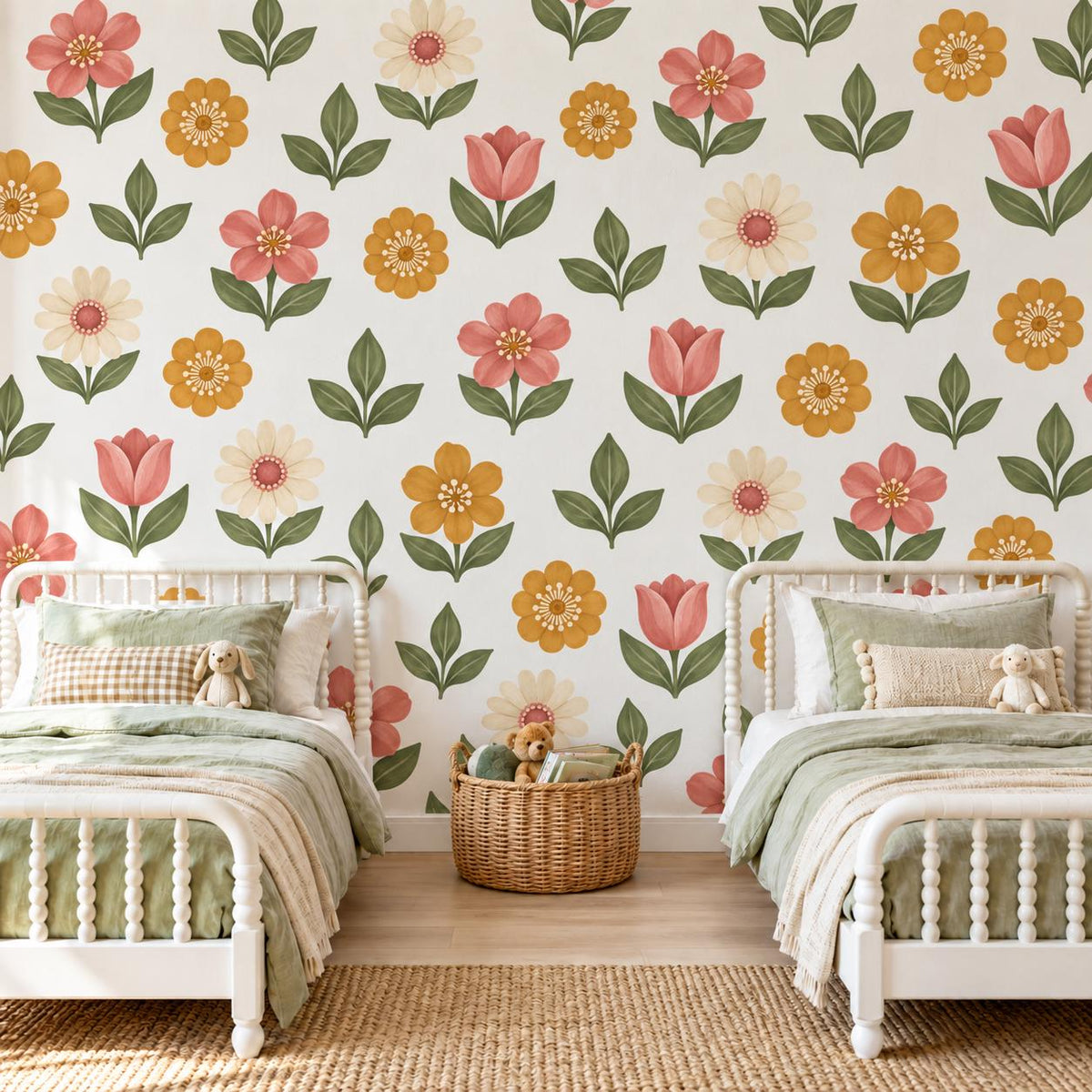 Flower Wall Stickers, Folk Floral Nursery Decor, Pink Mustard Daisy Wall Decals, Boho Girls Kids Room Retro Peel and Stick Wall Art