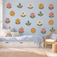 Flower Wall Stickers, Folk Floral Nursery Decor, Pink Mustard Daisy Wall Decals, Boho Girls Kids Room Retro Peel and Stick Wall Art