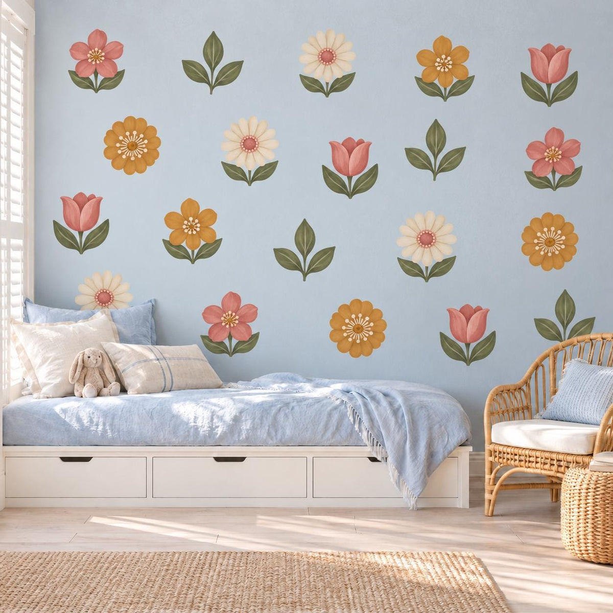 Flower Wall Stickers, Folk Floral Nursery Decor, Pink Mustard Daisy Wall Decals, Boho Girls Kids Room Retro Peel and Stick Wall Art
