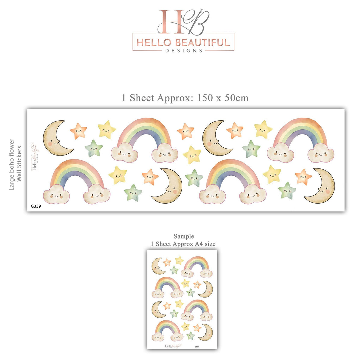 Rainbow Wall Stickers, Moon Star Cloud Nursery Decor, Pastel Rainbow Wall Decals, Gender Neutral Kids Room Baby Peel and Stick Art