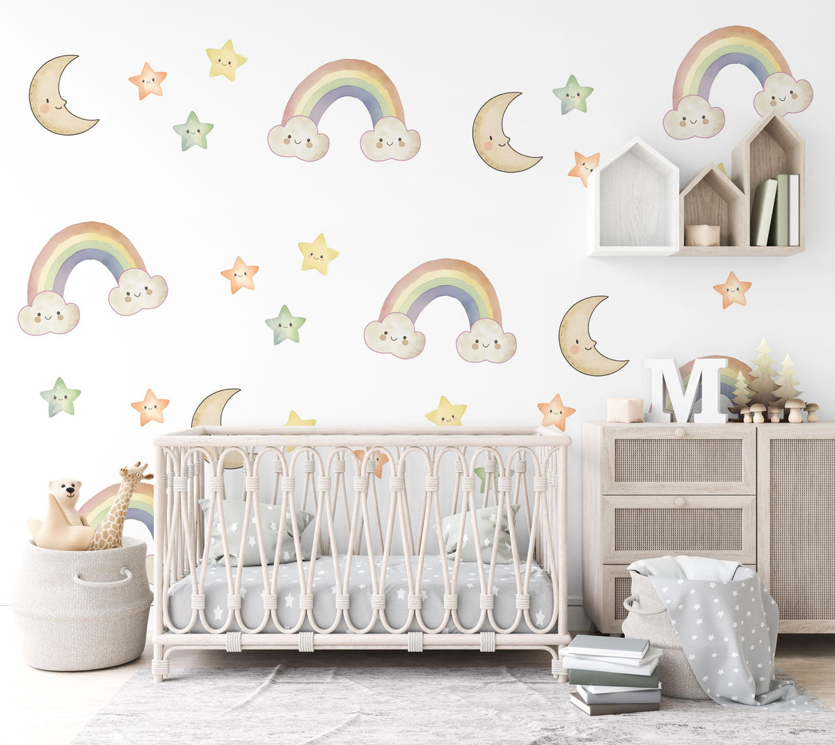 Rainbow Wall Stickers, Moon Star Cloud Nursery Decor, Pastel Rainbow Wall Decals, Gender Neutral Kids Room Baby Peel and Stick Art