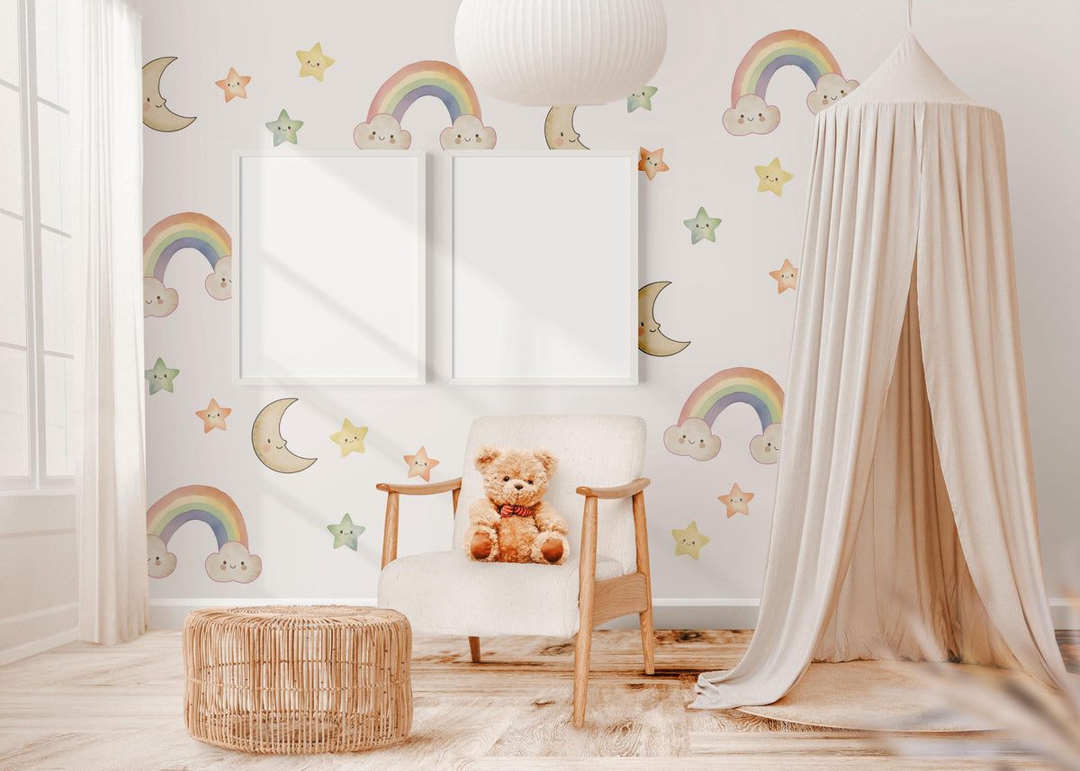 Rainbow Wall Stickers, Moon Star Cloud Nursery Decor, Pastel Rainbow Wall Decals, Gender Neutral Kids Room Baby Peel and Stick Art
