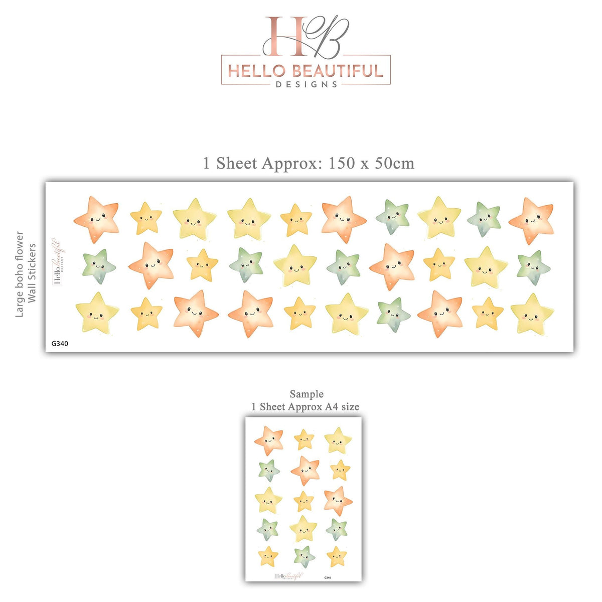 Smiley Star Wall Stickers, Happy Star Nursery Decor, Colourful Watercolour Star Wall Decals, Kids Room, Peel and Stick