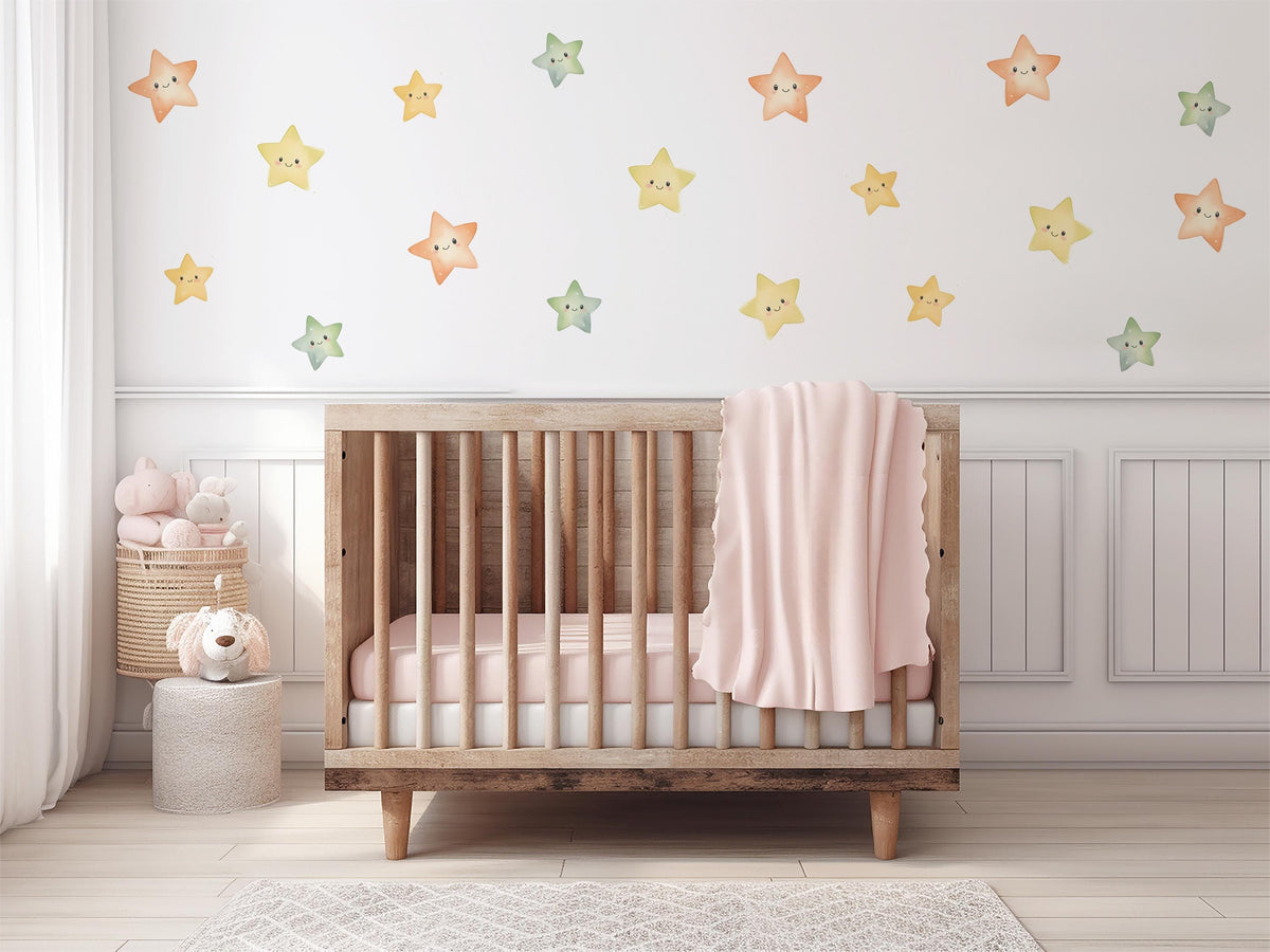 Smiley Star Wall Stickers, Happy Star Nursery Decor, Colourful Watercolour Star Wall Decals, Kids Room, Peel and Stick