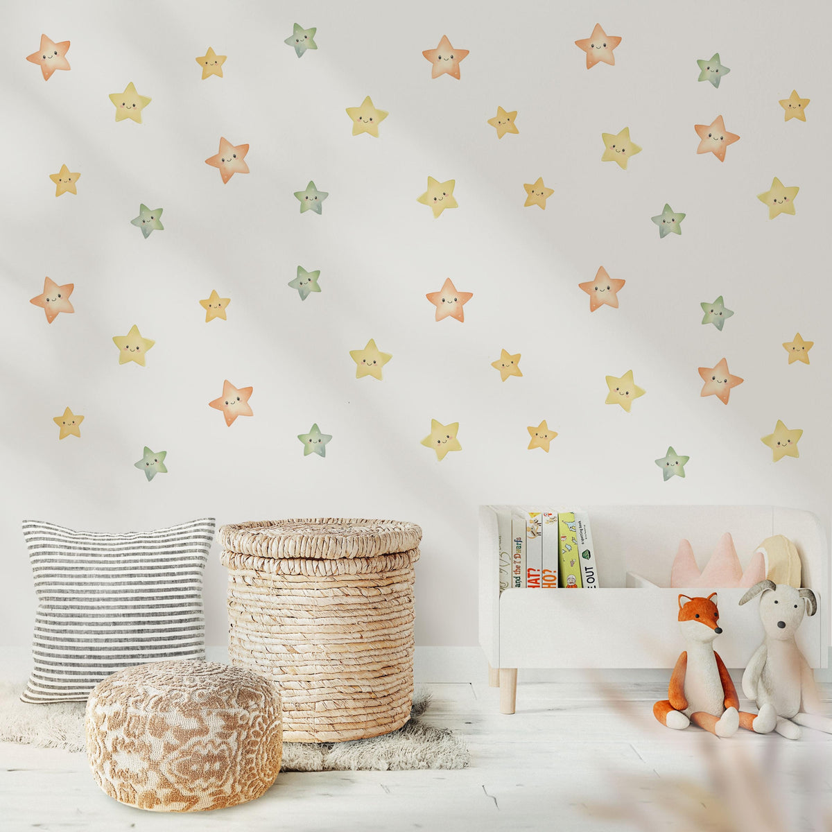 Smiley Star Wall Stickers, Happy Star Nursery Decor, Colourful Watercolour Star Wall Decals, Kids Room, Peel and Stick