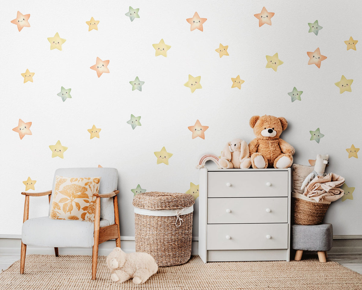 Smiley Star Wall Stickers, Happy Star Nursery Decor, Colourful Watercolour Star Wall Decals, Kids Room, Peel and Stick