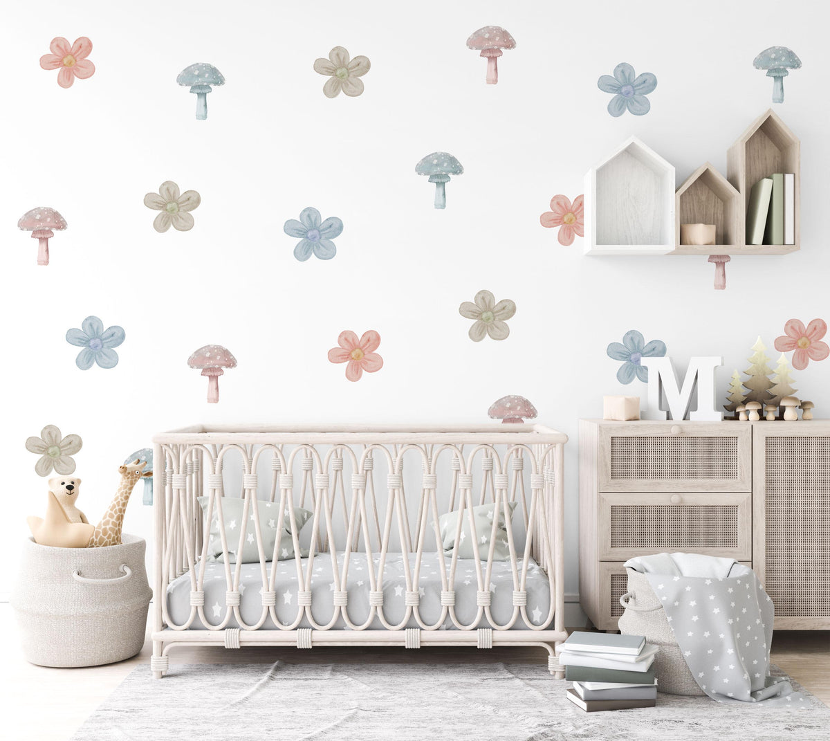 Mushroom Wall Stickers, Boho Flower Nursery Decor, Muted Woodland Wall Decals, Gender Neutral Kids Room Baby Peel and Stick Art
